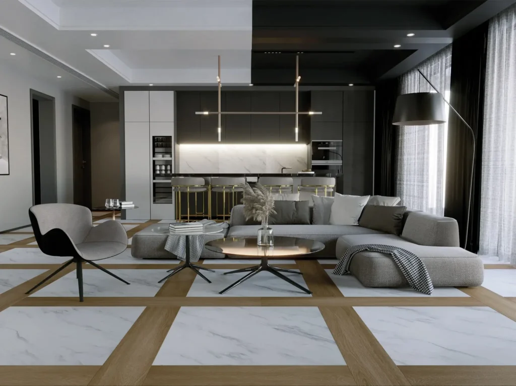 Soggiorno elegante con pavimento per casa moderna in legno e marmo, arredi minimal e cucina a vista