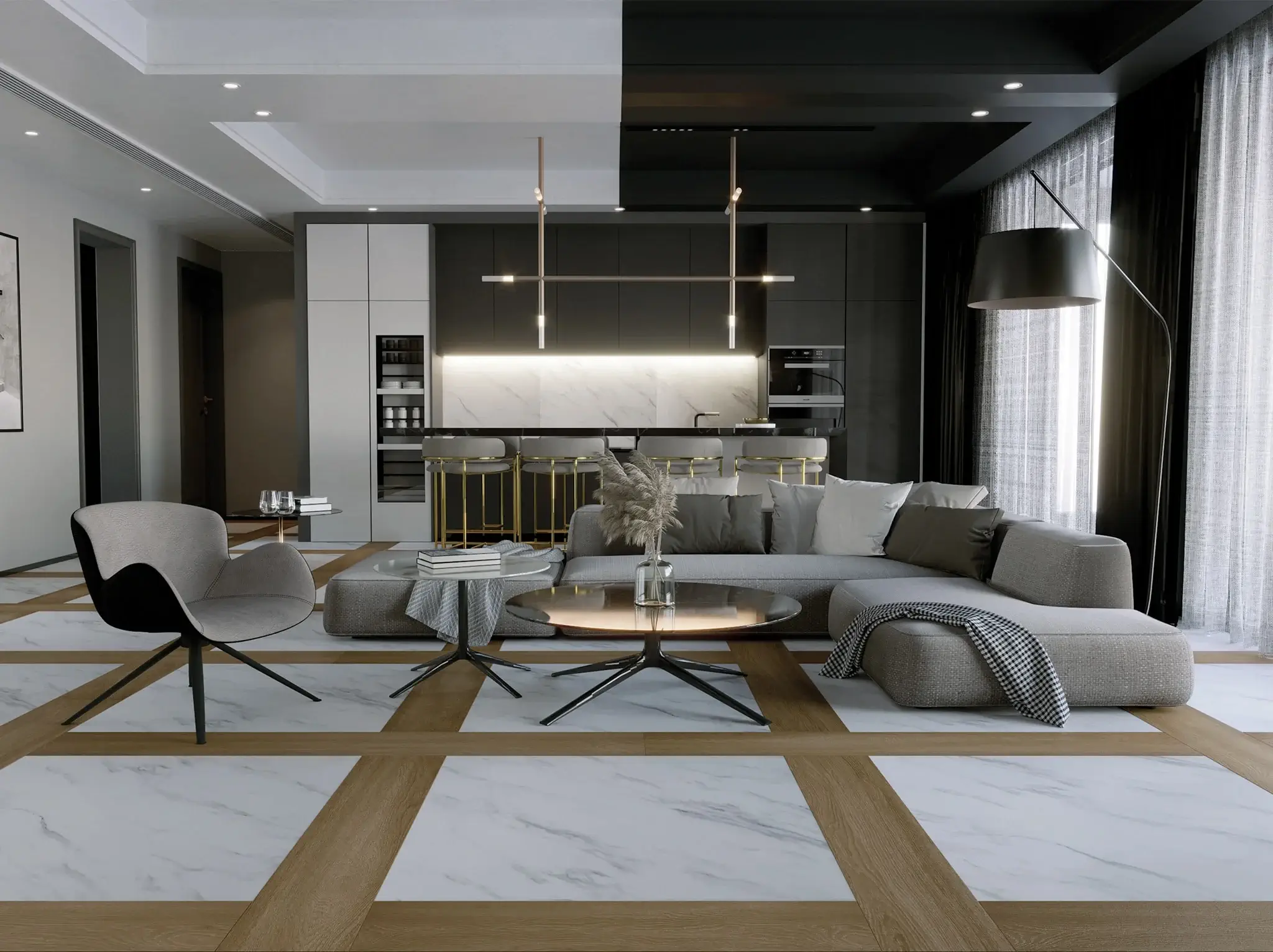 Soggiorno elegante con pavimento per casa moderna in legno e marmo, arredi minimal e cucina a vista